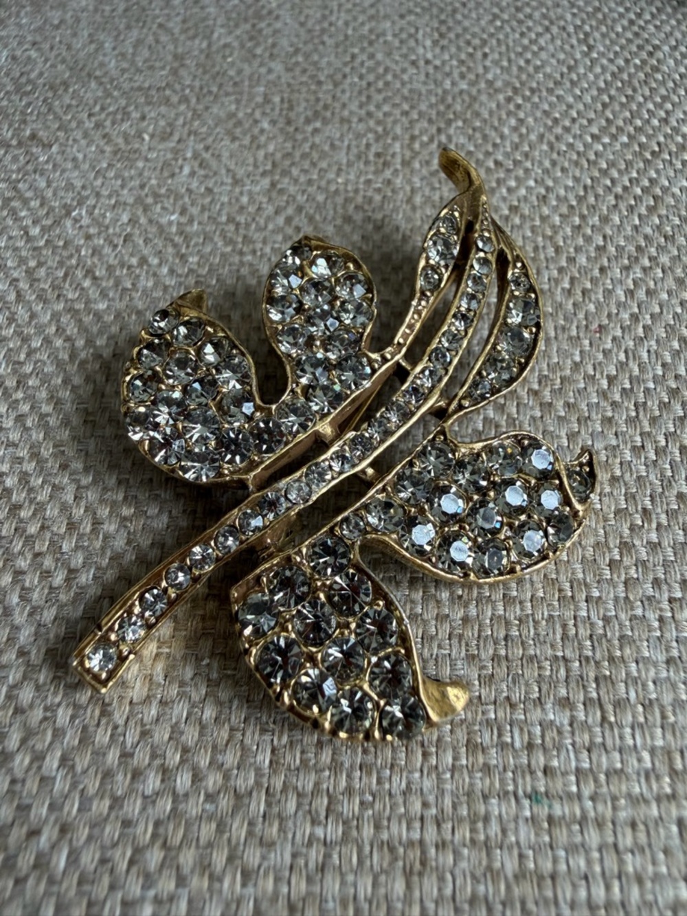 Gold Leaf Crystal Brooch - Clear Stones